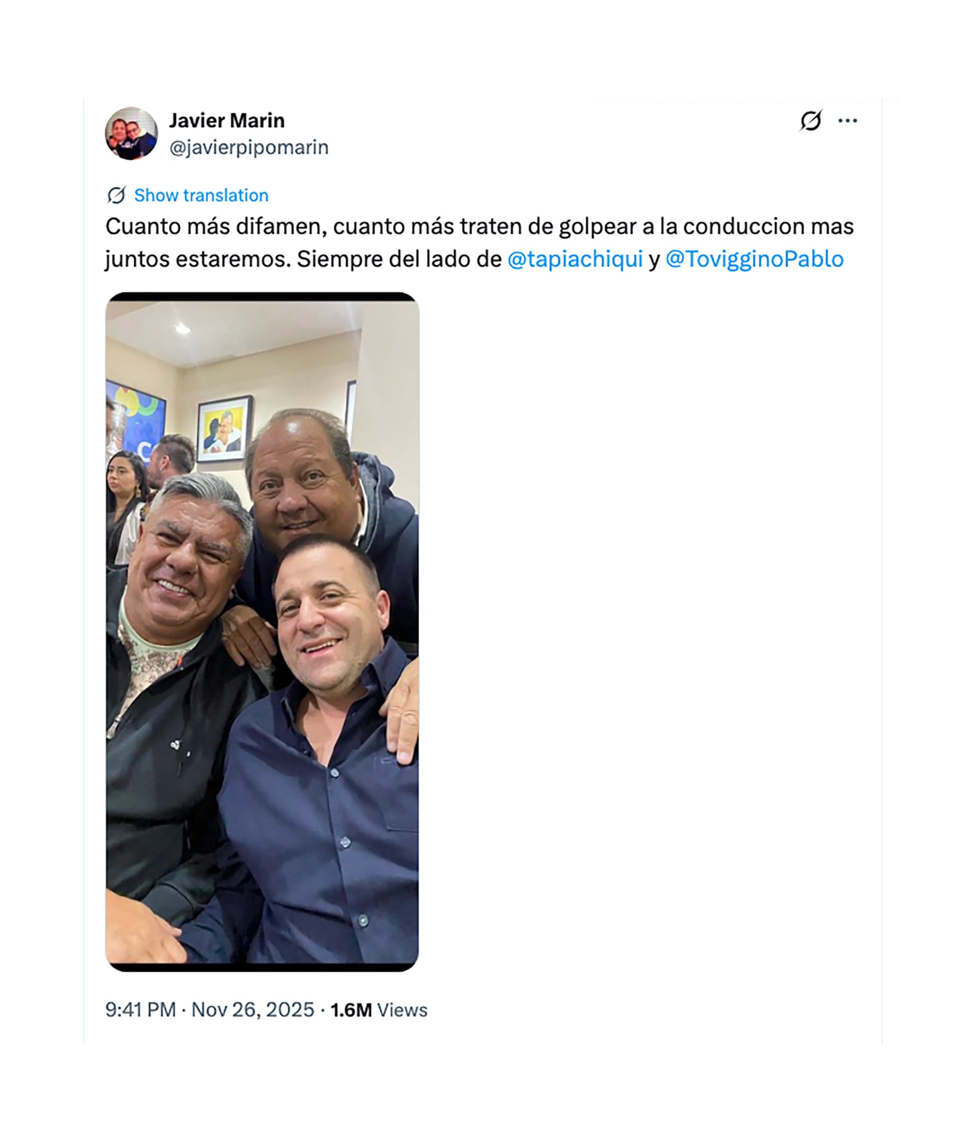 El posteo de Javier Pipo Marin en apoyo a los dirigentes de AFA