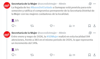 La Secretaría Distrital de la Mujer aseguró que en 2026 incrementó en 34% las atenciones a mujeres de Sumapaz y ratificó el despliegue de los buses del cuidado para este semestre - crédito Secretaría de la Mujer