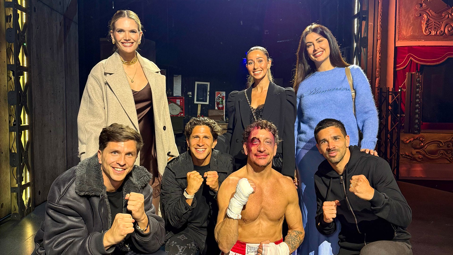 Arriba, Eva Bargiela, Irene Ariza y Giulia Coppini. Abajo, Gianluca, Giuliano y Giovanni Simeone junto a Nico Vázquez como Rocky