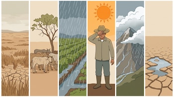 Mosaico de seis viñetas verticales con terreno seco, ganado bajo un árbol, lluvia en cultivos, un agricultor bajo el sol, montañas y suelo agrietado.