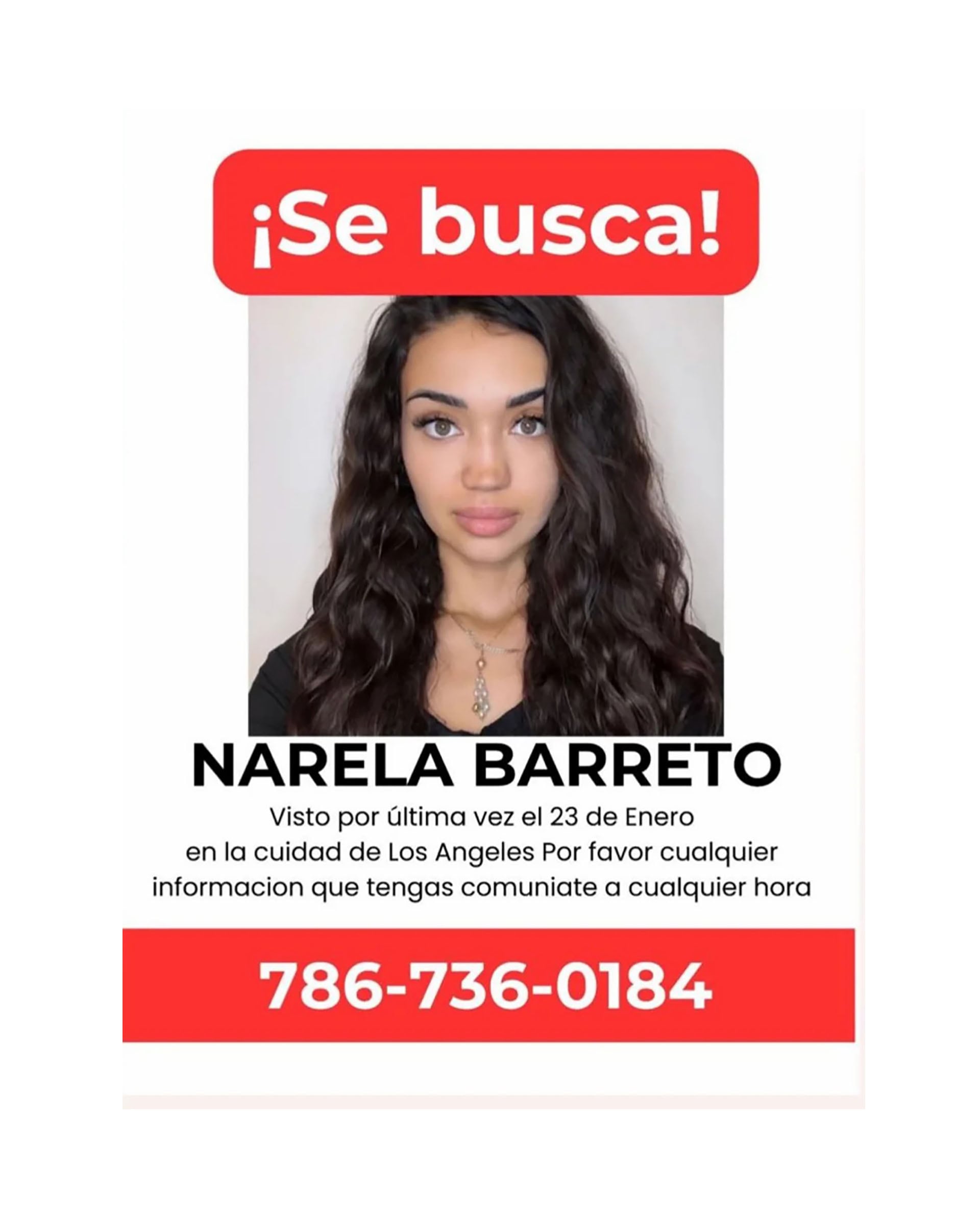Otro de los flyers de búsqueda de la argentina desaparecida en Los Angeles