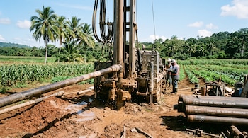 Máquina de perforación industrial sobre tierra húmeda, dos trabajadores, tubos de ademe en el suelo y un cultivo con palmeras.