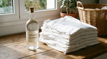 Botella de vinagre blanco con etiqueta "VINAGRE BLANCO" junto a una pila de camisetas blancas dobladas sobre una mesa de madera, con una ventana y una cesta al fondo.