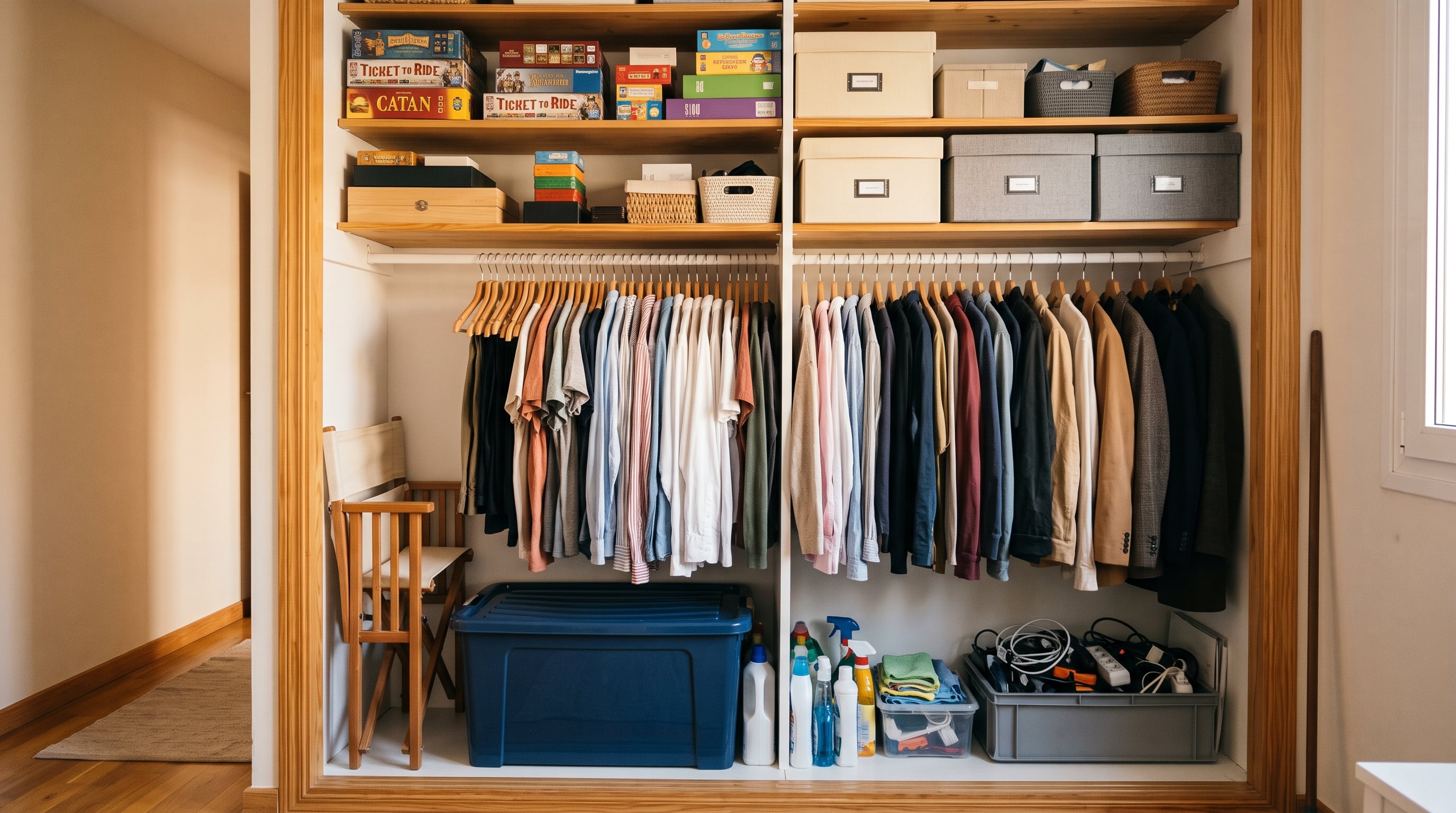 Los objetos sin categoría, como juegos de mesa, papeles, cables o herramientas, necesitan recipientes y zonas definidas para no invadir el placard (Imagen Ilustrativa Infobae)