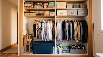 Interior de un armario organizado con estantes de juegos de mesa, cajas, ropa colgada en perchas, contenedores de plástico y una silla plegable.