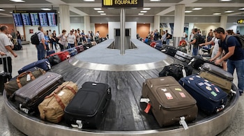 Personas reunidas alrededor de una banda de equipajes en un aeropuerto, llena de maletas de diversos tamaños y colores, con una pantalla de llegadas visible al fondo.