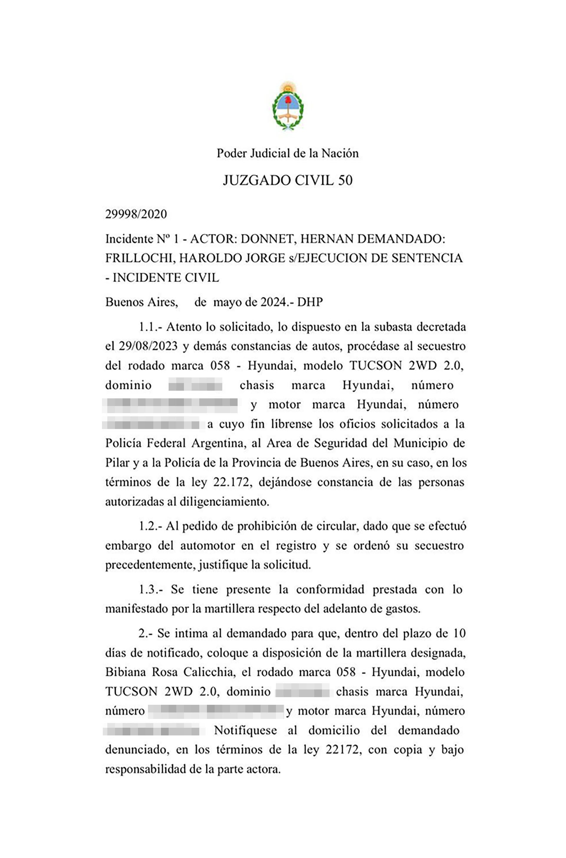La justicia ordenó el secuestro de la camioneta de Frillocchi por la deuda acumulada en el country, ya que dejó de pagar el alquiler de casa