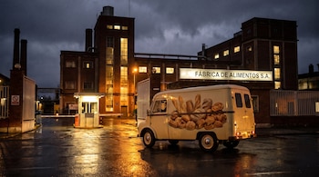 Camioneta blanca con gráficos de panes. Edificio de ladrillo de una fábrica. Garita de seguridad con barrera. Cartel luminoso Fábrica de Alimentos S.A. Noche, pavimento mojado.