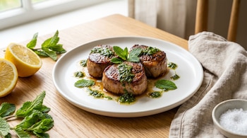 Tres medallones de cordero dorados sobre un plato blanco, cubiertos con salsa verde de menta y hojas frescas. Hay limones cortados y menta en una mesa de madera clara.