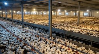 Miles de pollos blancos se agrupan en un gran galpón industrial con comederos, bebederos y estructuras metálicas bajo iluminación artificial.