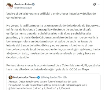 De acuerdo con Gustavo Petro, los indicadores muestran una reducción en el ritmo del endeudamiento y no un deterioro provocado por su gobierno - crédito @petrogustavo/X