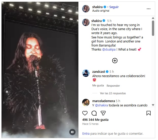 Shakira celebró el concierto de Dua Lipa y que haya cantado Antología - crédito Shakira/IG