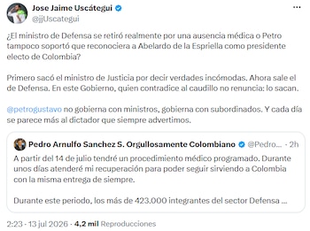 Deputado do Centro Democrático confirma que dirigentes que se opõem ao presidente serão afastados do Governo - crédito @jjUscategui/X