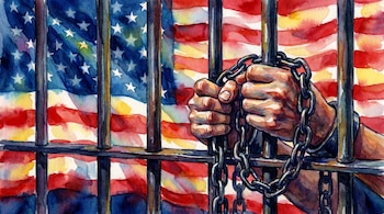 Pintura en acuarela con manos encadenadas sujetando barras de prisión oscuras, sobre un fondo de la bandera de Estados Unidos con estrellas y franjas rojas y blancas.
