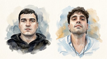 Ilustración en acuarela de dos retratos busto a busto: un hombre de cabello oscuro corto con sudadera negra, y otro de cabello rizado con camisa celeste y cadena.