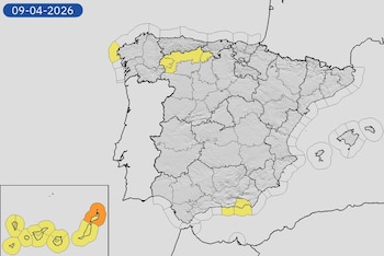 Mapa de alertas meteorológicas para este jueves, 9 de abril de 2026. (Aemet)
