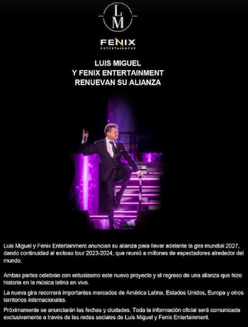 El comunicado oficial compartido en redes sociales por Fenix Entertainment confirma el tour 2027 del cantante mexicano.