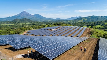 Planta solar fotovoltaica con filas de paneles azules sobre terreno marrón. Tres trabajadores con casco caminan. Al fondo, colinas verdes y un volcán humeante bajo cielo azul.