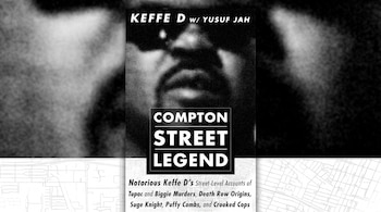 Portada de libro en blanco y negro con el título "Compton Street Legend", la imagen de un hombre con gafas de sol, y texto sobre Tupac y Biggie. Fondo con patrón borroso.