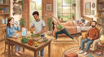 Ilustración de personas en un hogar: una mujer bebe agua, un hombre prepara ensalada, otra hace yoga, una duerme y otro medita en una silla