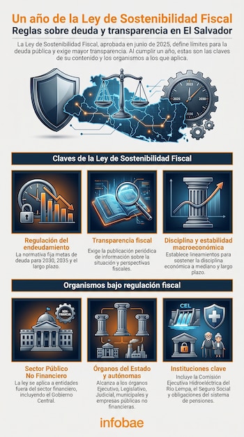 Infografía visualiza la Ley de Sostenibilidad Fiscal de El Salvador, con un mapa, balanza, engranaje y gráficos que ilustran regulación, transparencia y entidades.