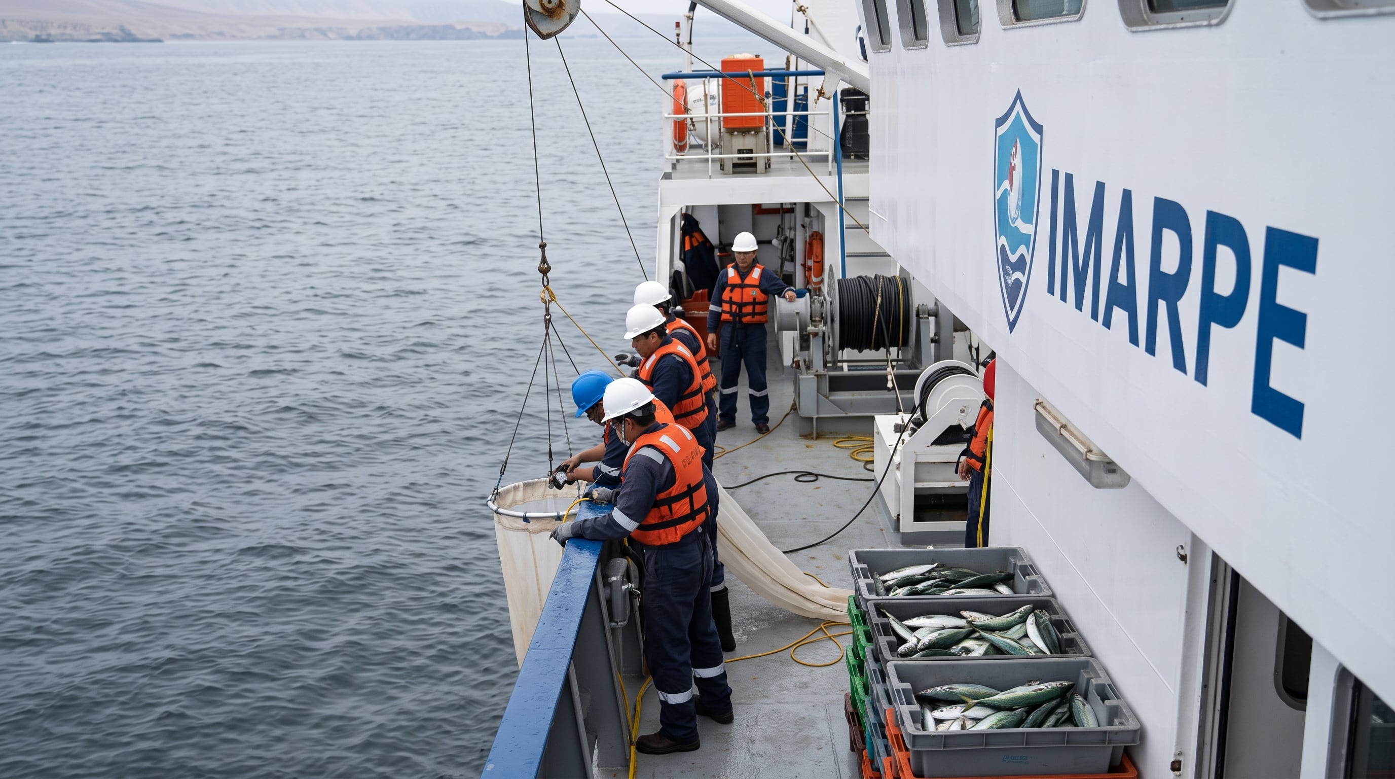 Investigadores del Instituto del Mar del Perú operan equipos de muestreo y analizan ejemplares marinos recolectados a bordo de una embarcación científica. (Imagen Ilustrativa Infobae)