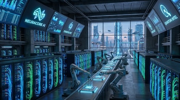 Centro de datos futurista con filas de servidores azules y verdes. Robots industriales ensamblan chips en una cinta. Pantallas de IA y ciudad tecnológica exterior.