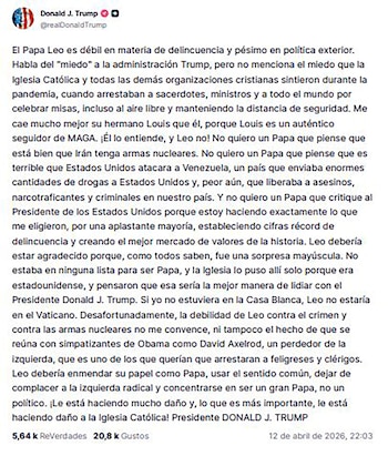 Captura de pantalla de un texto largo en español de la red social Truth Social, publicado por el usuario Donald J. Trump, que critica al Papa Leo