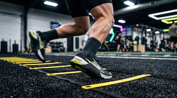 Pies y piernas de una persona con zapatillas deportivas realizando ejercicios sobre una escalera de agilidad amarilla en un gimnasio.