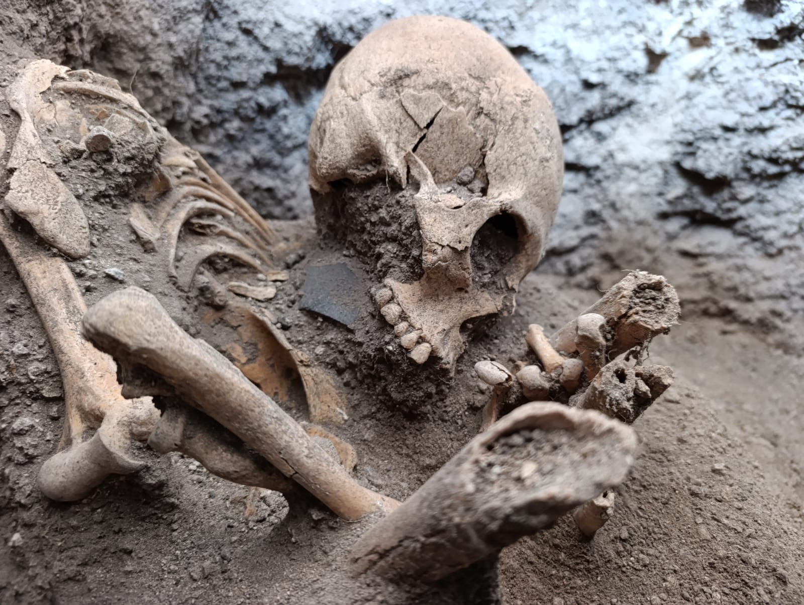 El INAH ha descubierto un esqueleto de la cultura Teotihuacana parcialmente expuesto en el suelo (INAH)