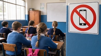 Estudiantes sentados en pupitres dentro de un aula escolar junto a un cartel con un teléfono móvil tachado en un círculo rojo.