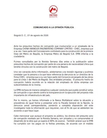 La entidad sostuvo que el episodio se habría dado entre una compañía del consorcio y sus proveedores, y que ya informó a la Banca Multilateral y entregó documentación a los investigadores para el esclarecimiento - crédito Empresa Metro de Bogotá