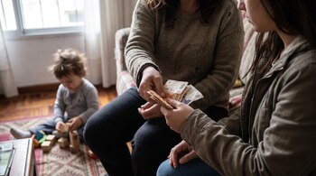 Manos entregando billetes de pesos argentinos a otra persona, mientras un niño juega con bloques en el suelo.