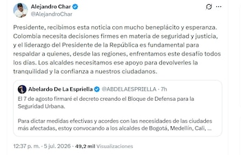 El alcalde de Barranquilla, Alejandro Char, respaldó el anuncio de seguridad urbana de De la Espriella - crédito @AlejandroChar/X