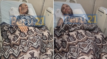 Dos imágenes de un hombre recostado en una cama de hospital con una manta de figuras geométricas y el logo Perú21.