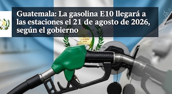 Primer plano de una manguera de combustible verde y negra insertada en el tanque de un automóvil, con la bandera de Guatemala difuminada al fondo y texto informativo.
