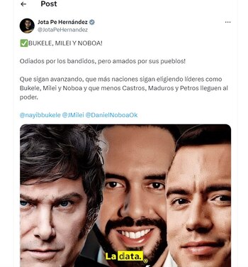 Jota Pe Hernández elogia a presidentes con mayor aprobación de Latinoamérica - crédito @JotaPeHernández