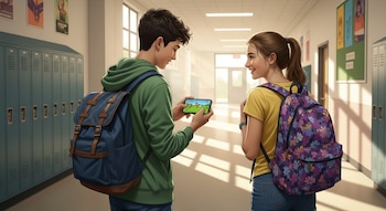 Dos alumnos de 13 años con mochilas en un pasillo escolar. Un chico muestra un celular con un juego a una chica. Taquillas en las paredes.