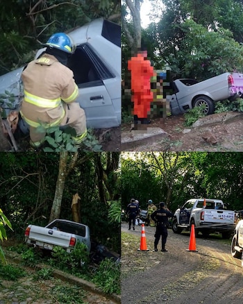 Escena del siniestro vial en las inmediaciones del Cerrito de las Pavas, Cojutepeque, que dejó como saldo un fallecido (Cortesía: Cojutepeque Noticias).