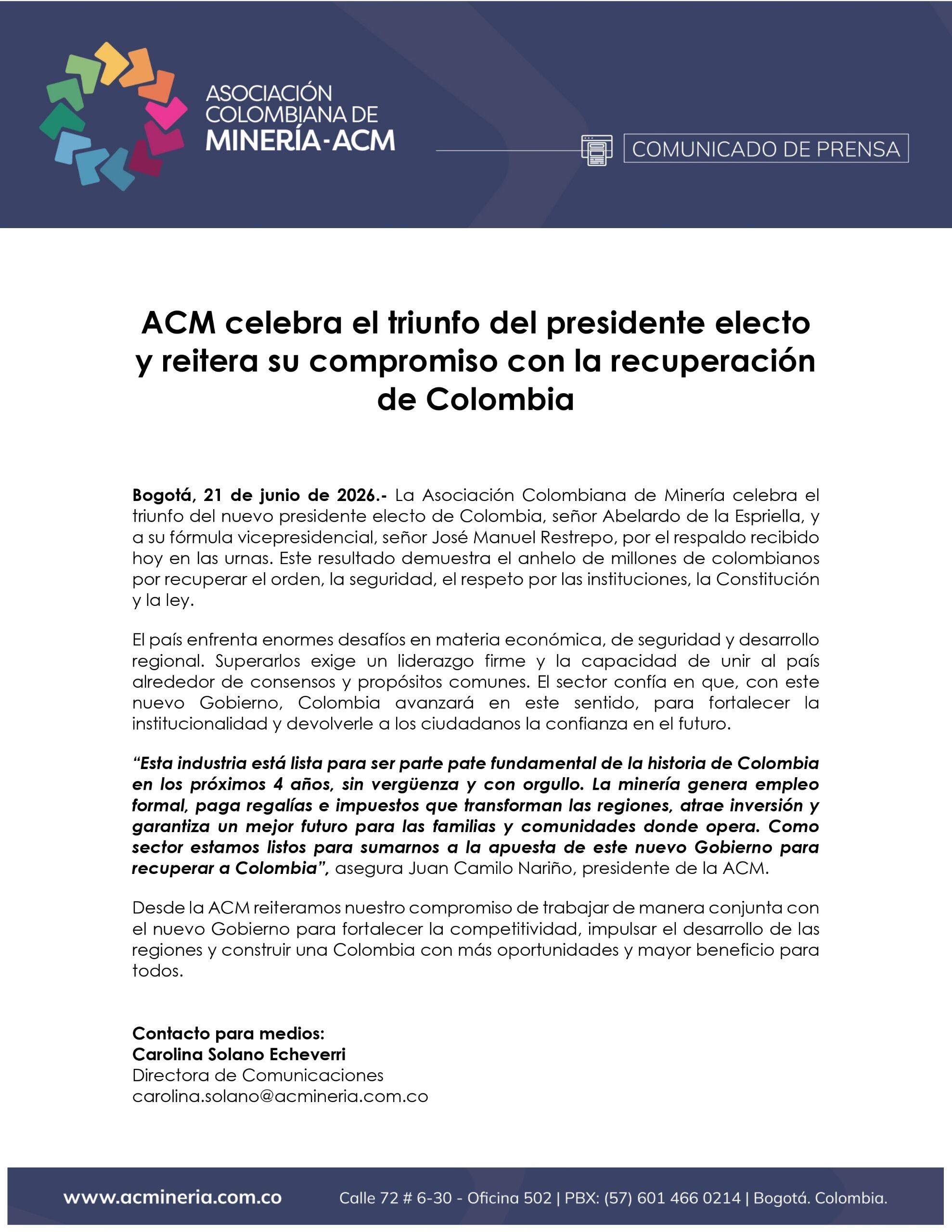 La ACM manifestó queeEl mensaje de hoy en las urnas es la expresión de un anhelo por fortalecer las instituciones, de vivir con seguridad - crédito ACM