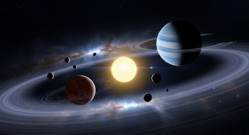 Una estrella central brillante rodeada por múltiples planetas de diferentes tamaños y colores, inmersos en un amplio disco de polvo y gas con una galaxia de fondo.