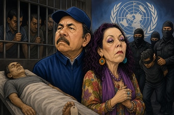 Caricatura de Daniel Ortega y Rosario Murillo con prisioneros tras rejas, un cadáver en camilla y el emblema de las Naciones Unidas.