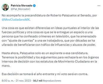 Patricia Mercado, senadora de MC,