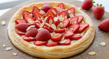 Una tarta de hojaldre redonda cubierta con crema, fresas frescas en rodajas y almendras laminadas sobre una tabla de madera, espolvoreada con azúcar glass.