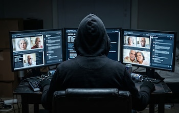 Vista trasera de una persona encapuchada sentada en una silla de oficina frente a tres monitores de computadora. Las pantallas muestran imágenes de personas mayores y código