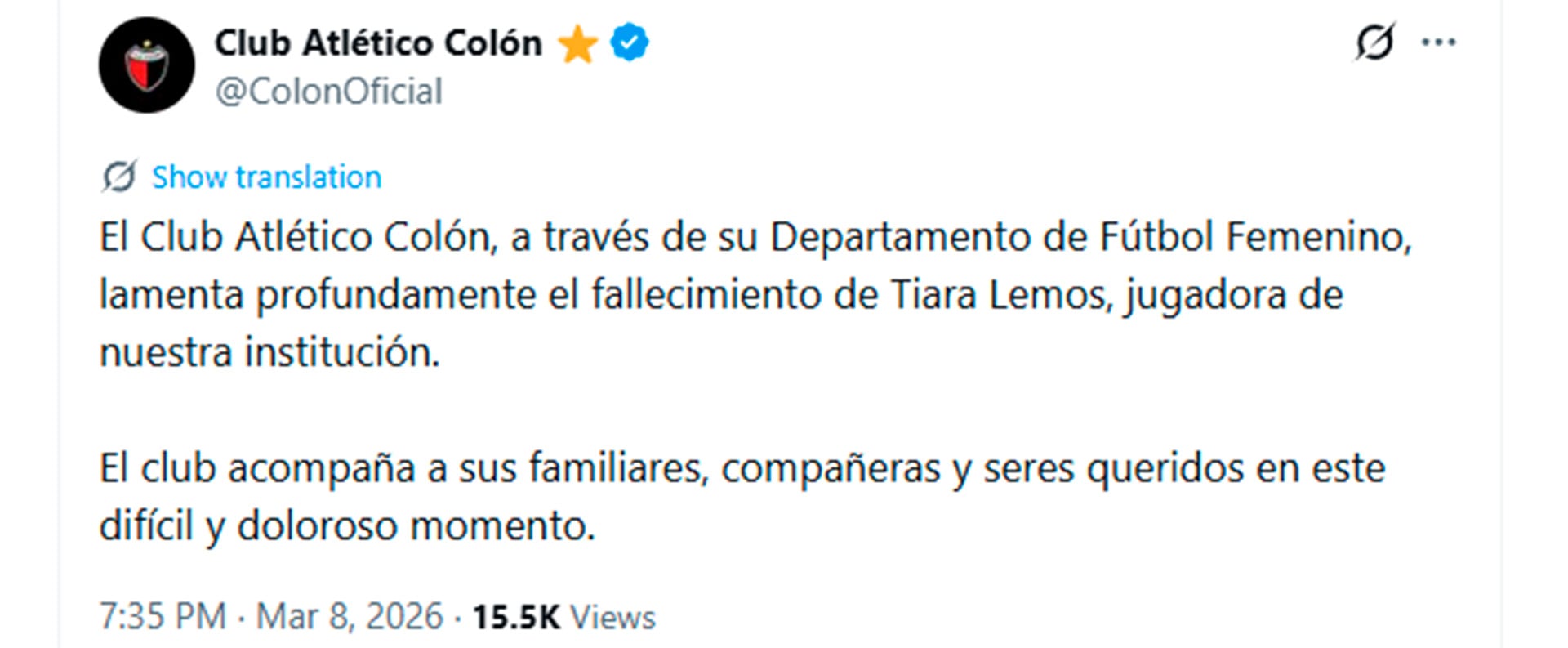 Colón expresó sus condolencias por la muerte de la joven futbolista (@ColonOficial)