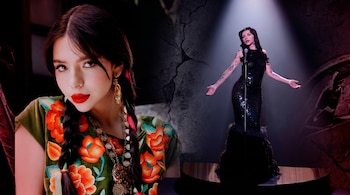 Collage con Angela Aguilar en primer plano con atuendo tradicional y Cazzu en un escenario con vestido negro, sobre un fondo oscuro y agrietado.