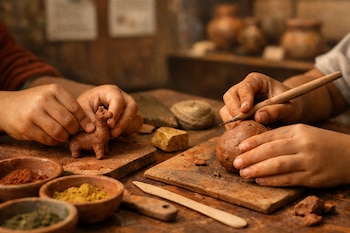 Dos pares de manos modelan arcilla y una figura de llama de barro sobre una tabla de madera. Hay boles con pigmentos y herramientas de modelado.