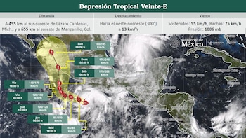Mapa satelital que muestra la trayectoria proyectada de la depresión tropical Veinte-E frente a la costa del Pacífico de México