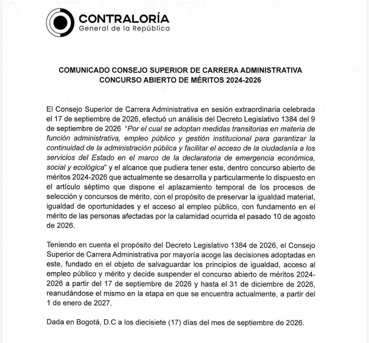 La Contraloría había fijado que el concurso de méritos estaría interrumpido desde el 17 de septiembre y se reanudaría el 1 de enero de 2027 - crédito @CGR_Colombia/X